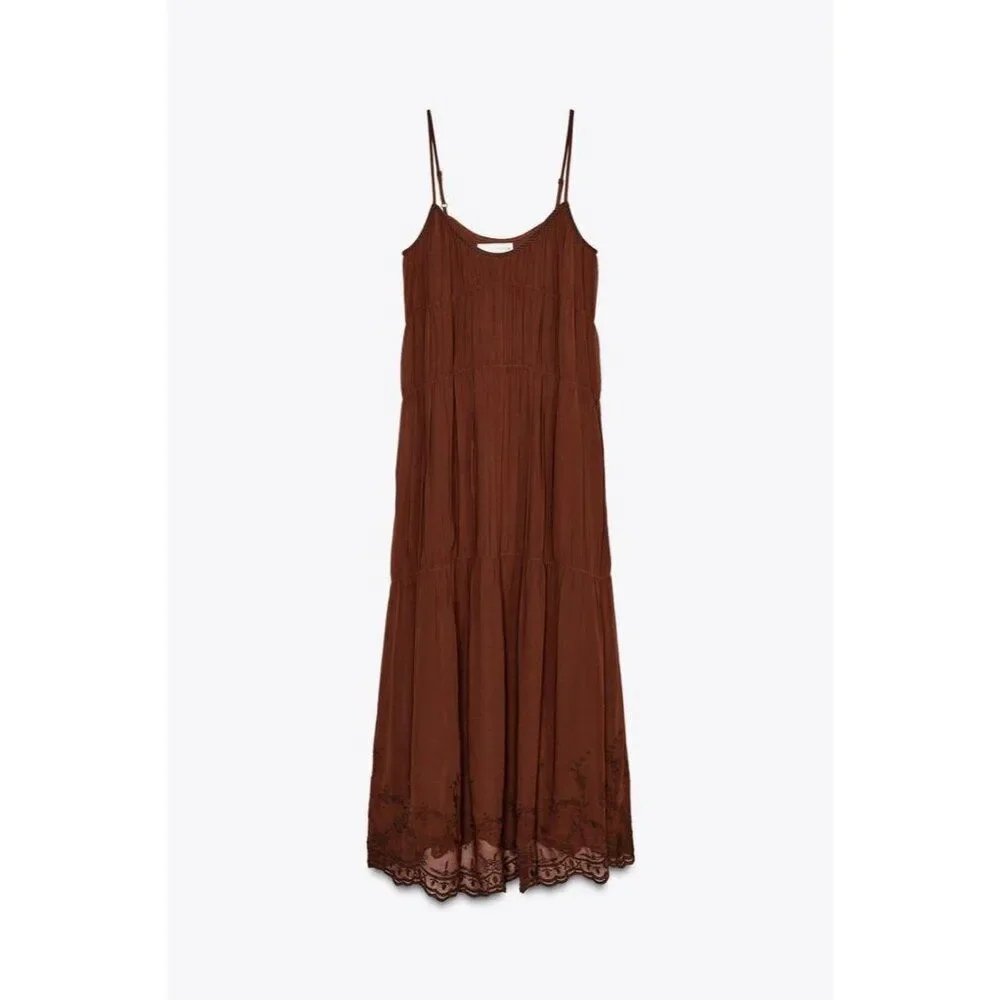 Zara ZW Womens Midi Slip Dress S Small Brown orange Embroidered 6895/058 NWT - Picture 3 of 16
